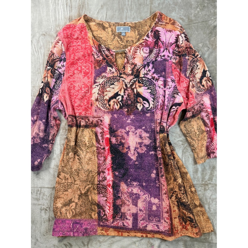 JM Collection Womens XXL Metallic Paisley Top Plus Boho Whimsigoth Shimmer